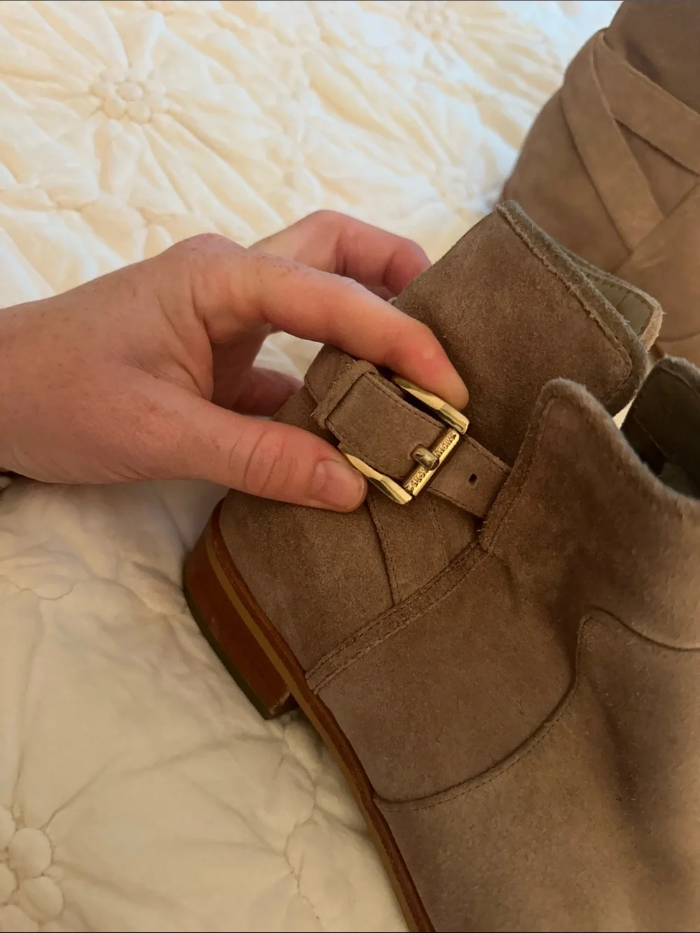 Michael Kors Taupe Suede Ankle Boots with Side Buckle
